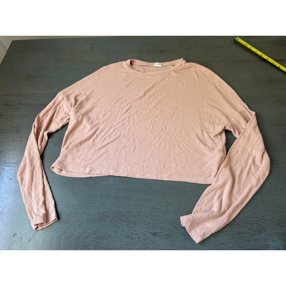 Garage Pink Ribbed Long Sleeve Cropped Top Size Small Boxy Crew Neck Tee